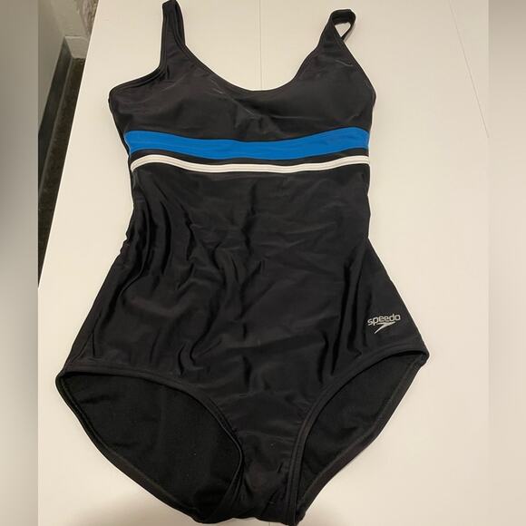 Speedo Size Small Black Blue White Stripe One Piece Swimsuit Full Coverage - Picture 1 of 5